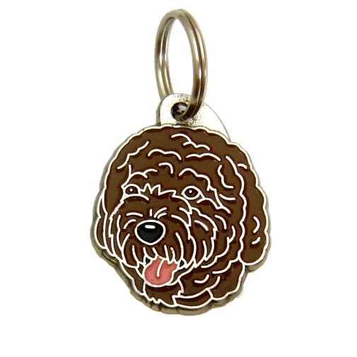 Custom personalized dog name tag Portuguese water dog brown

This unique, cute and quality dog id tag is offered with laser engraved name and phone no. or your custom text. Stainless steel split ring for easy attachment to your pets collar. All items are also available as keychains.
Gift for dogs and dog lovers.

Color: colored/silver
Size: 27 x 34 mm

Engraving area: 21 x 15 mm
Laser engraving personalization on the back side is included in the price. Enter the text you wish to have engraved. Suggestion: dog's name and phone number. We engrave on the back side of the tag. Engraving will be centered and easy to read. If you go over the recommended count then the text becomes smaller, and harder to read.

Metal, chrome plated dog tag or key ring. 
Hand made, hand colored, made in Slovenia. 

In stock.
