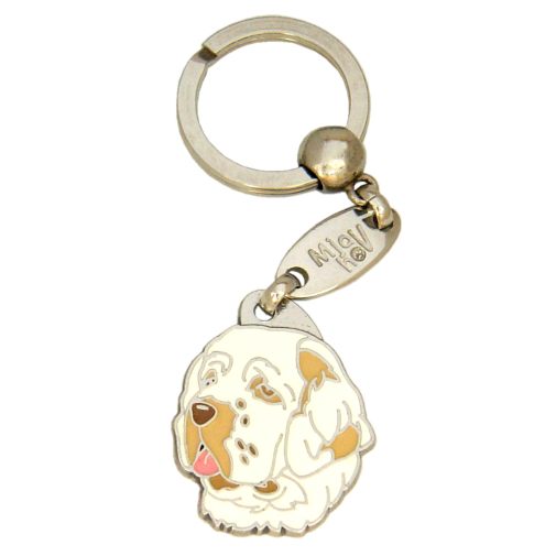 <h3>Custom personalized dog name tag Clumber spaniel</h3>
This unique, cute and quality dog id tag is offered with laser-engraved name and phone number or your custom text. It comes with a stainless steel split ring for easy attachment to your pet’s collar. All items are also available as keychains.
A perfect gift for dogs and dog lovers.

<strong>Color:</strong> colored/silver
<strong>Size:</strong> 28 x 34 mm

<strong>Engraving area:</strong> 20 x 16 mm
Laser engraving on the back side is included in the price. Please enter the text you would like engraved (recommended: dog’s name and phone number). The engraving will be centered and easy to read. 
<strong>Important:</strong> If you exceed the recommended text length, the engraving will be significantly smaller and may become difficult to read. For best readability, we strongly recommend keeping the text short and clear.

Metal, chrome plated dog tag or key ring. 
Hand made, hand colored, made in Slovenia. 

In stock.

<h3>About the breed – Clumber spaniel</h3>
The Clumber Spaniel is a calm, loyal, and affectionate dog breed originating from the United Kingdom. It belongs to <strong>FCI Group 8 (Retrievers, Flushing Dogs, Water Dogs)</strong>. Known for its strong build and distinctive, noble appearance, this breed is an excellent family companion and especially gentle with children. Clumber Spaniels are relaxed yet determined, making them both pleasant house dogs and reliable working dogs in the field. They are protective without being aggressive and enjoy moderate activity combined with plenty of rest. Their steady and devoted nature makes them easy to bond with and a joy to have at home. A personalized engraved dog tag is a beautiful and practical accessory that highlights their elegance while keeping them safe.
