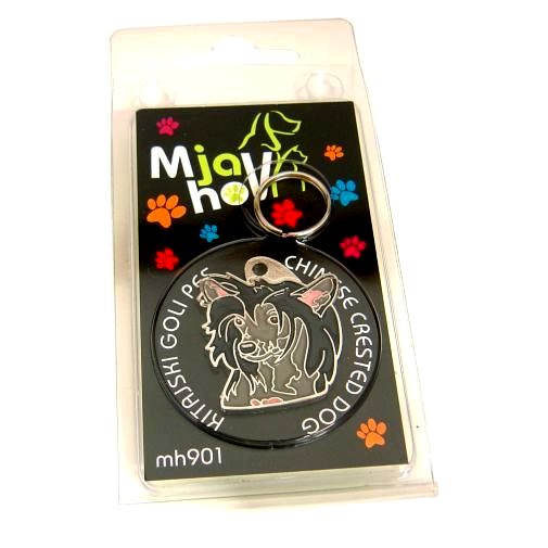 Custom personalized dog name tag CHINESE CRESTED DOG BLACK
Color: colored/silver 
Dim: 29 x 33 mm
Engraving area: 
20 x 16 mm
Metal, chrome plated pet tag.
 
Personalized laser engraving on the back side included.

Hand made 
MADE IN SLOVENIA

In stock.
