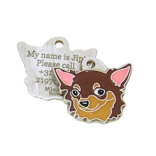 Custom personalized dog name tag Chihuahua long haired chocolate

This unique, cute and quality dog id tag is offered with laser engraved name and phone no. or your custom text. Stainless steel split ring for easy attachment to your pets collar. All items are also available as keychains.
Gift for dogs and dog lovers.

Color: colored/silver
Size: 29 x 24 mm

Engraving area: 17 x 12 mm
Laser engraving personalization on the back side is included in the price. Enter the text you wish to have engraved. Suggestion: dog's name and phone number. We engrave on the back side of the tag. Engraving will be centered and easy to read. If you go over the recommended count then the text becomes smaller, and harder to read.

Metal, chrome plated dog tag or key ring. 
Hand made, hand colored, made in Slovenia. 

In stock.
