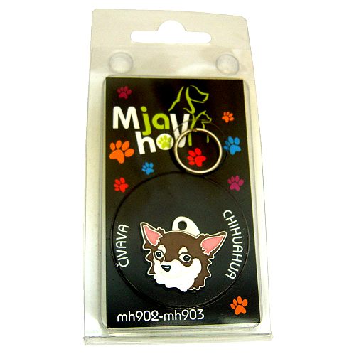 Custom personalized dog name tag Chihuahua long haired white brown

This unique, cute and quality dog id tag is offered with laser engraved name and phone no. or your custom text. Stainless steel split ring for easy attachment to your pets collar. All items are also available as keychains.
Gift for dogs and dog lovers.

Color: colored/silver
Size: 29 x 24 mm

Engraving area: 17 x 12 mm
Laser engraving personalization on the back side is included in the price. Enter the text you wish to have engraved. Suggestion: dog's name and phone number. We engrave on the back side of the tag. Engraving will be centered and easy to read. If you go over the recommended count then the text becomes smaller, and harder to read.

Metal, chrome plated dog tag or key ring. 
Hand made, hand colored, made in Slovenia. 

In stock.
