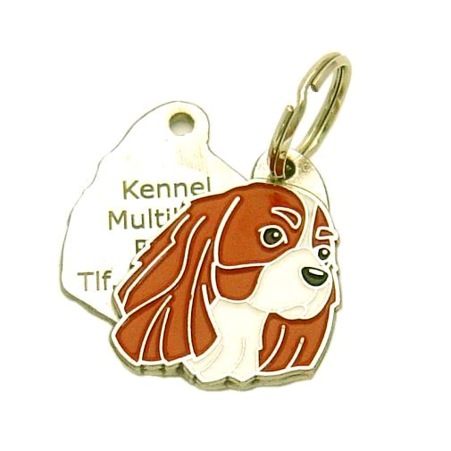 Custom personalized dog name tag CAVALIER KING CHARLES SPANIEL BLENHEIM
Color: colored/silver 
Dim: 24 x 33 mm
Engraving area: 
18 x 17 mm
Metal, chrome plated pet tag.
 
Personalized laser engraving on the back side included.

Hand made 
MADE IN SLOVENIA

In stock.
