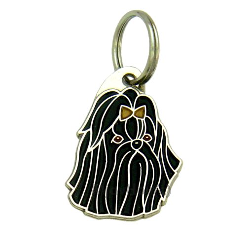 Custom personalized dog name tag Shih-tzu black

This unique, cute and quality dog id tag is offered with laser engraved name and phone no. or your custom text. Stainless steel split ring for easy attachment to your pets collar. All items are also available as keychains.
Gift for dogs and dog lovers.

Color: colored/silver
Size: 22 x 33 mm

Engraving area: 16 x 18 mm
Laser engraving personalization on the back side is included in the price. Enter the text you wish to have engraved. Suggestion: dog's name and phone number. We engrave on the back side of the tag. Engraving will be centered and easy to read. If you go over the recommended count then the text becomes smaller, and harder to read.

Metal, chrome plated dog tag or key ring. 
Hand made, hand colored, made in Slovenia. 

In stock.

