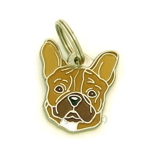 ﻿Namnbricka för hund med personlig gravyr Fransk bulldogg brun

Färg: färgat/silver 
Storleken på den hängande: 27 x 30 mm
Maximal storlek gravyr: 16 x 16 mm

Brickorna är kvalitativa, kromade och handmålade.
 
Lasergraverade inskription på baksidan av hundbricka ingår i priset.

Alla ID-brickor levereras med en ring, för enkel och säker montering på djurets halsband.

Handgjorda, tillverkade i Slovenien.

På lager.
