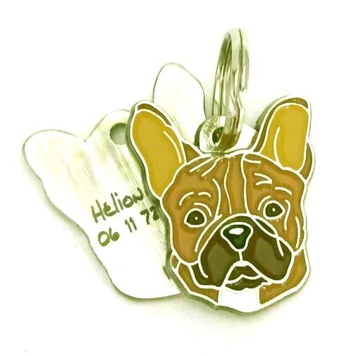 Custom personalized dog name tag French bulldog brown

This unique, cute and quality dog id tag is offered with laser engraved name and phone no. or your custom text. Stainless steel split ring for easy attachment to your pets collar. All items are also available as keychains.
Gift for dogs and dog lovers.

Color: colored/silver
Size: 27 x 30 mm

Engraving area: 16 x 16 mm
Laser engraving personalization on the back side is included in the price. Enter the text you wish to have engraved. Suggestion: dog's name and phone number. We engrave on the back side of the tag. Engraving will be centered and easy to read. If you go over the recommended count then the text becomes smaller, and harder to read.

Metal, chrome plated dog tag or key ring. 
Hand made, hand colored, made in Slovenia. 

In stock.
