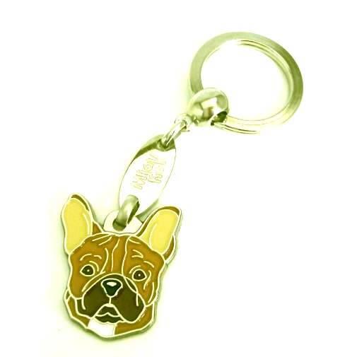 Custom personalized dog name tag French bulldog brown

This unique, cute and quality dog id tag is offered with laser engraved name and phone no. or your custom text. Stainless steel split ring for easy attachment to your pets collar. All items are also available as keychains.
Gift for dogs and dog lovers.

Color: colored/silver
Size: 27 x 30 mm

Engraving area: 16 x 16 mm
Laser engraving personalization on the back side is included in the price. Enter the text you wish to have engraved. Suggestion: dog's name and phone number. We engrave on the back side of the tag. Engraving will be centered and easy to read. If you go over the recommended count then the text becomes smaller, and harder to read.

Metal, chrome plated dog tag or key ring. 
Hand made, hand colored, made in Slovenia. 

In stock.
