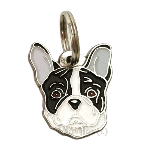 Custom personalized dog name tag French bulldog black and white

This unique, cute and quality dog id tag is offered with laser engraved name and phone no. or your custom text. Stainless steel split ring for easy attachment to your pets collar. All items are also available as keychains.
Gift for dogs and dog lovers.

Color: colored/silver
Size: 27 x 30 mm

Engraving area: 16 x 16 mm
Laser engraving personalization on the back side is included in the price. Enter the text you wish to have engraved. Suggestion: dog's name and phone number. We engrave on the back side of the tag. Engraving will be centered and easy to read. If you go over the recommended count then the text becomes smaller, and harder to read.

Metal, chrome plated dog tag or key ring. 
Hand made, hand colored, made in Slovenia. 

In stock.
