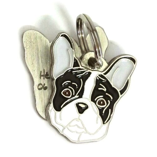 ﻿Namnbricka för hund med personlig gravyr Fransk bulldogg svart/vit

Färg: färgat/silver 
Storleken på den hängande: 27 x 30 mm
Maximal storlek gravyr: 16 x 16 mm

Brickorna är kvalitativa, kromade och handmålade.
 
Lasergraverade inskription på baksidan av hundbricka ingår i priset.

Alla ID-brickor levereras med en ring, för enkel och säker montering på djurets halsband.

Handgjorda, tillverkade i Slovenien.

På lager.
