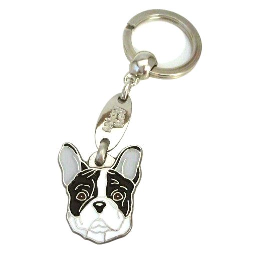 Custom personalized dog name tag French bulldog black and white

This unique, cute and quality dog id tag is offered with laser engraved name and phone no. or your custom text. Stainless steel split ring for easy attachment to your pets collar. All items are also available as keychains.
Gift for dogs and dog lovers.

Color: colored/silver
Size: 27 x 30 mm

Engraving area: 16 x 16 mm
Laser engraving personalization on the back side is included in the price. Enter the text you wish to have engraved. Suggestion: dog's name and phone number. We engrave on the back side of the tag. Engraving will be centered and easy to read. If you go over the recommended count then the text becomes smaller, and harder to read.

Metal, chrome plated dog tag or key ring. 
Hand made, hand colored, made in Slovenia. 

In stock.
