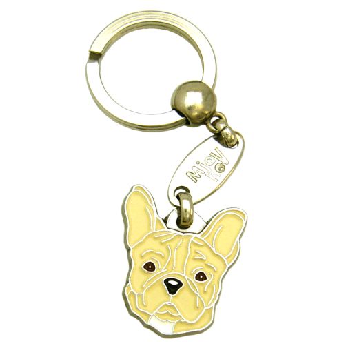 Custom personalized dog name tag French bulldog cream no mask

This unique, cute and quality dog id tag is offered with laser engraved name and phone no. or your custom text. Stainless steel split ring for easy attachment to your pets collar. All items are also available as keychains.
Gift for dogs and dog lovers.

Color: colored/silver
Size: 27 x 30 mm

Engraving area: 16 x 16 mm
Laser engraving personalization on the back side is included in the price. Enter the text you wish to have engraved. Suggestion: dog's name and phone number. We engrave on the back side of the tag. Engraving will be centered and easy to read. If you go over the recommended count then the text becomes smaller, and harder to read.

Metal, chrome plated dog tag or key ring. 
Hand made, hand colored, made in Slovenia. 

In stock.
