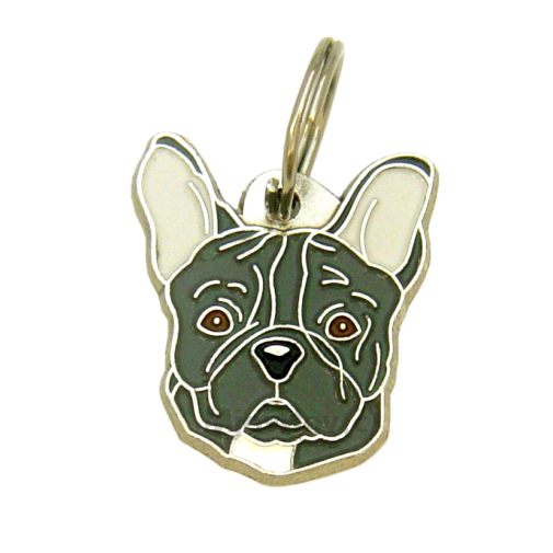 ﻿Namnbricka för hund med personlig gravyr Fransk bulldogg grå

Färg: färgat/silver 
Storleken på den hängande: 27 x 30 mm
Maximal storlek gravyr: 16 x 16 mm

Brickorna är kvalitativa, kromade och handmålade.
 
Lasergraverade inskription på baksidan av hundbricka ingår i priset.

Alla ID-brickor levereras med en ring, för enkel och säker montering på djurets halsband.

Handgjorda, tillverkade i Slovenien.

På lager.
