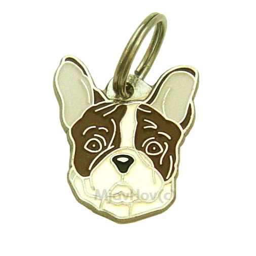 Custom personalized dog name tag French bulldog white brown

This unique, cute and quality dog id tag is offered with laser engraved name and phone no. or your custom text. Stainless steel split ring for easy attachment to your pets collar. All items are also available as keychains.
Gift for dogs and dog lovers.

Color: colored/silver
Size: 27 x 30 mm

Engraving area: 16 x 16 mm
Laser engraving personalization on the back side is included in the price. Enter the text you wish to have engraved. Suggestion: dog's name and phone number. We engrave on the back side of the tag. Engraving will be centered and easy to read. If you go over the recommended count then the text becomes smaller, and harder to read.

Metal, chrome plated dog tag or key ring. 
Hand made, hand colored, made in Slovenia. 

In stock.
