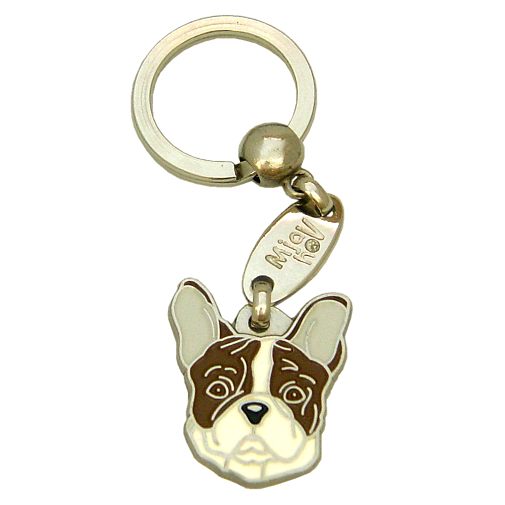 Custom personalized dog name tag French bulldog white brown

This unique, cute and quality dog id tag is offered with laser engraved name and phone no. or your custom text. Stainless steel split ring for easy attachment to your pets collar. All items are also available as keychains.
Gift for dogs and dog lovers.

Color: colored/silver
Size: 27 x 30 mm

Engraving area: 16 x 16 mm
Laser engraving personalization on the back side is included in the price. Enter the text you wish to have engraved. Suggestion: dog's name and phone number. We engrave on the back side of the tag. Engraving will be centered and easy to read. If you go over the recommended count then the text becomes smaller, and harder to read.

Metal, chrome plated dog tag or key ring. 
Hand made, hand colored, made in Slovenia. 

In stock.
