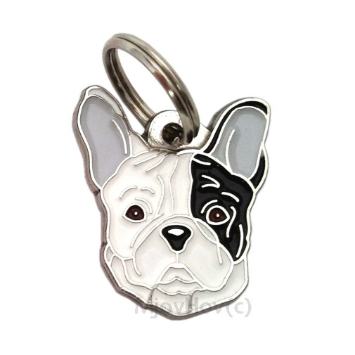 Custom personalized dog name tag French bulldog white, black eyed

This unique, cute and quality dog id tag is offered with laser engraved name and phone no. or your custom text. Stainless steel split ring for easy attachment to your pets collar. All items are also available as keychains.
Gift for dogs and dog lovers.

Color: colored/silver
Size: 27 x 30 mm

Engraving area: 16 x 16 mm
Laser engraving personalization on the back side is included in the price. Enter the text you wish to have engraved. Suggestion: dog's name and phone number. We engrave on the back side of the tag. Engraving will be centered and easy to read. If you go over the recommended count then the text becomes smaller, and harder to read.

Metal, chrome plated dog tag or key ring. 
Hand made, hand colored, made in Slovenia. 

In stock.
