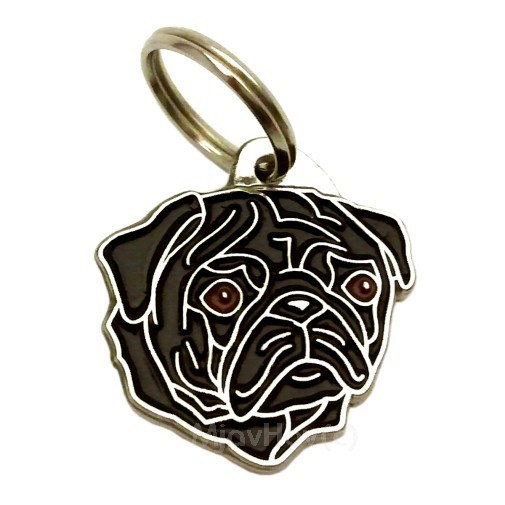 Custom personalized dog name tag Pug black

This unique, cute and quality dog id tag is offered with laser engraved name and phone no. or your custom text. Stainless steel split ring for easy attachment to your pets collar. All items are also available as keychains.
Gift for dogs and dog lovers.

Color: colored/silver
Size: 27 x 29 mm

Engraving area: 18 x 14 mm
Laser engraving personalization on the back side is included in the price. Enter the text you wish to have engraved. Suggestion: dog's name and phone number. We engrave on the back side of the tag. Engraving will be centered and easy to read. If you go over the recommended count then the text becomes smaller, and harder to read.

Metal, chrome plated dog tag or key ring. 
Hand made, hand colored, made in Slovenia. 

In stock.
