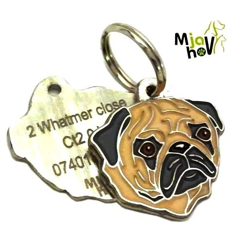 Custom personalized dog name tag Pug fawn

This unique, cute and quality dog id tag is offered with laser engraved name and phone no. or your custom text. Stainless steel split ring for easy attachment to your pets collar. All items are also available as keychains.
Gift for dogs and dog lovers.

Color: colored/silver
Size: 27 x 29 mm

Engraving area: 18 x 14 mm
Laser engraving personalization on the back side is included in the price. Enter the text you wish to have engraved. Suggestion: dog's name and phone number. We engrave on the back side of the tag. Engraving will be centered and easy to read. If you go over the recommended count then the text becomes smaller, and harder to read.

Metal, chrome plated dog tag or key ring. 
Hand made, hand colored, made in Slovenia. 

In stock.
