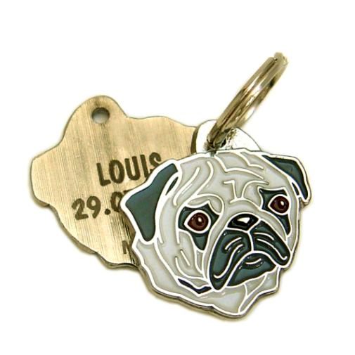 Custom personalized dog name tag Pug silver

This unique, cute and quality dog id tag is offered with laser engraved name and phone no. or your custom text. Stainless steel split ring for easy attachment to your pets collar. All items are also available as keychains.
Gift for dogs and dog lovers.

Color: colored/silver
Size: 27 x 29 mm

Engraving area: 18 x 14 mm
Laser engraving personalization on the back side is included in the price. Enter the text you wish to have engraved. Suggestion: dog's name and phone number. We engrave on the back side of the tag. Engraving will be centered and easy to read. If you go over the recommended count then the text becomes smaller, and harder to read.

Metal, chrome plated dog tag or key ring. 
Hand made, hand colored, made in Slovenia. 

In stock.
