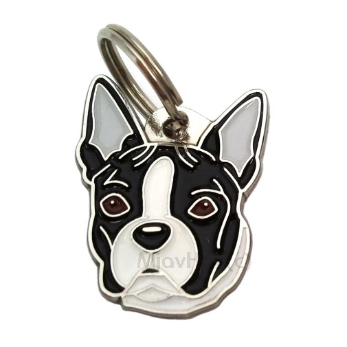 Custom personalized dog name tag BOSTON TERRIER BLACK AND WHITE
Color: colored/silver 
Dim: 27 x 32 mm
Engraving area: 
16 x 16 mm
Metal, chrome plated pet tag.
 
Personalized laser engraving on the back side included.

Hand made 
MADE IN SLOVENIA

In stock.
