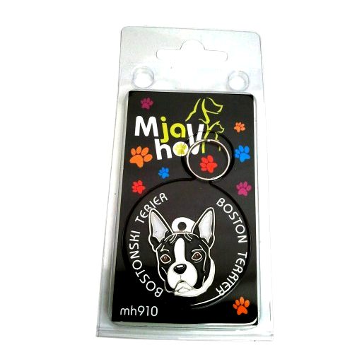 Custom personalized dog name tag BOSTON TERRIER BLACK AND WHITE
Color: colored/silver 
Dim: 27 x 32 mm
Engraving area: 
16 x 16 mm
Metal, chrome plated pet tag.
 
Personalized laser engraving on the back side included.

Hand made 
MADE IN SLOVENIA

In stock.
