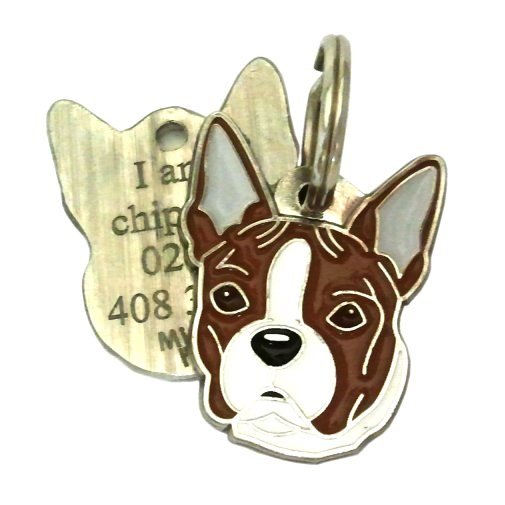 Custom personalized dog name tag Boston terrier brindle

This unique, cute and quality dog id tag is offered with laser engraved name and phone no. or your custom text. Stainless steel split ring for easy attachment to your pets collar. All items are also available as keychains.
Gift for dogs and dog lovers.

Color: colored/silver
Size: 27 x 32 mm

Engraving area: 16 x 16 mm
Laser engraving personalization on the back side is included in the price. Enter the text you wish to have engraved. Suggestion: dog's name and phone number. We engrave on the back side of the tag. Engraving will be centered and easy to read. If you go over the recommended count then the text becomes smaller, and harder to read.

Metal, chrome plated dog tag or key ring. 
Hand made, hand colored, made in Slovenia. 

In stock.

