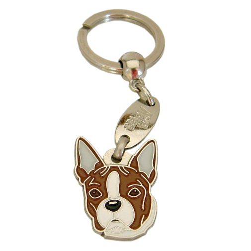 Custom personalized dog name tag Boston terrier brindle

This unique, cute and quality dog id tag is offered with laser engraved name and phone no. or your custom text. Stainless steel split ring for easy attachment to your pets collar. All items are also available as keychains.
Gift for dogs and dog lovers.

Color: colored/silver
Size: 27 x 32 mm

Engraving area: 16 x 16 mm
Laser engraving personalization on the back side is included in the price. Enter the text you wish to have engraved. Suggestion: dog's name and phone number. We engrave on the back side of the tag. Engraving will be centered and easy to read. If you go over the recommended count then the text becomes smaller, and harder to read.

Metal, chrome plated dog tag or key ring. 
Hand made, hand colored, made in Slovenia. 

In stock.
