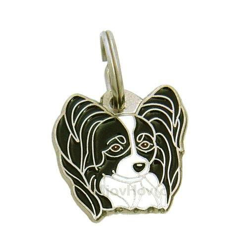 Custom personalized dog name tag Papillon black & white

This unique, cute and quality dog id tag is offered with laser engraved name and phone no. or your custom text. Stainless steel split ring for easy attachment to your pets collar. All items are also available as keychains.
Gift for dogs and dog lovers.

Color: colored/silver
Size: 28 x 27 mm

Engraving area: 21 x 15 mm
Laser engraving personalization on the back side is included in the price. Enter the text you wish to have engraved. Suggestion: dog's name and phone number. We engrave on the back side of the tag. Engraving will be centered and easy to read. If you go over the recommended count then the text becomes smaller, and harder to read.

Metal, chrome plated dog tag or key ring. 
Hand made, hand colored, made in Slovenia. 

In stock.
