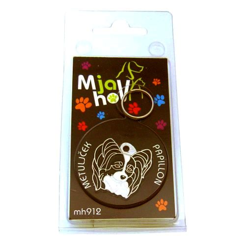 Custom personalized dog name tag PAPILLON BLACK & WHITE
Color: colored/silver 
Dim: 28 x 27 mm
Engraving area: 
21 x 15 mm
Metal, chrome plated pet tag.
 
Personalized laser engraving on the back side included.

Hand made 
MADE IN SLOVENIA

In stock.
