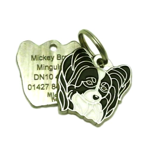 Custom personalized dog name tag Papillon black & white

This unique, cute and quality dog id tag is offered with laser engraved name and phone no. or your custom text. Stainless steel split ring for easy attachment to your pets collar. All items are also available as keychains.
Gift for dogs and dog lovers.

Color: colored/silver
Size: 28 x 27 mm

Engraving area: 21 x 15 mm
Laser engraving personalization on the back side is included in the price. Enter the text you wish to have engraved. Suggestion: dog's name and phone number. We engrave on the back side of the tag. Engraving will be centered and easy to read. If you go over the recommended count then the text becomes smaller, and harder to read.

Metal, chrome plated dog tag or key ring. 
Hand made, hand colored, made in Slovenia. 

In stock.
