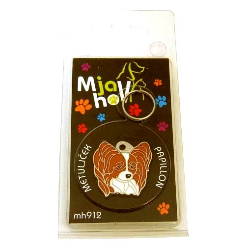 Custom personalized dog name tag PAPILLON WHITE & RED
Color: colored/silver 
Dim: 28 x 27 mm
Engraving area: 
21 x 15 mm
Metal, chrome plated pet tag.
 
Personalized laser engraving on the back side included.

Hand made 
MADE IN SLOVENIA

In stock.
