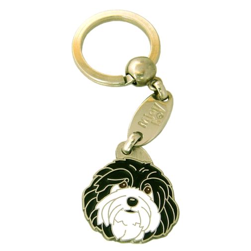 Custom personalized dog name tag HAVANESE BLACK AND WHITE
Color: colored/silver 
Dim: 28 x 31 mm
Engraving area: 
22 x 15 mm
Metal, chrome plated pet tag.
 
Personalized laser engraving on the back side included.

Hand made 
MADE IN SLOVENIA

In stock.
