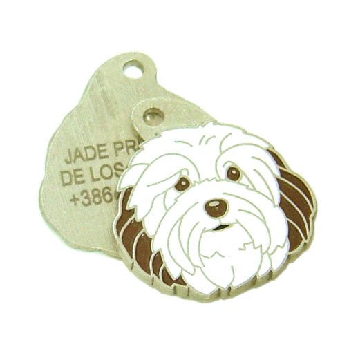 Custom personalized dog name tag Havanese white brown

This unique, cute and quality dog id tag is offered with laser engraved name and phone no. or your custom text. Stainless steel split ring for easy attachment to your pets collar. All items are also available as keychains.
Gift for dogs and dog lovers.

Color: colored/silver
Size: 28 x 31 mm

Engraving area: 22 x 15 mm
Laser engraving personalization on the back side is included in the price. Enter the text you wish to have engraved. Suggestion: dog's name and phone number. We engrave on the back side of the tag. Engraving will be centered and easy to read. If you go over the recommended count then the text becomes smaller, and harder to read.

Metal, chrome plated dog tag or key ring. 
Hand made, hand colored, made in Slovenia. 

In stock.
