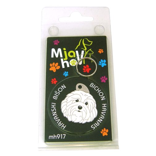 Custom personalized dog name tag HAVANESE WHITE
Color: colored/silver 
Dim:  28 x 31 mm
Engraving area: 
22 x 15 mm
Metal, chrome plated pet tag.
 
Personalized laser engraving on the back side included.

Hand made 
MADE IN SLOVENIA

In stock.
