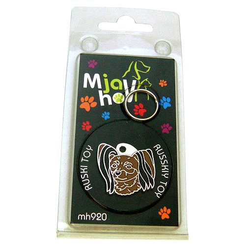 Custom personalized dog name tag RUSSIAN TOY BLACK EARS
Color: colored/silver 
Dim:  28 x 26 mm
Engraving area: 
20 x 12 mm
Metal, chrome plated pet tag.
 
Personalized laser engraving on the back side included.

Hand made 
MADE IN SLOVENIA

In stock.
