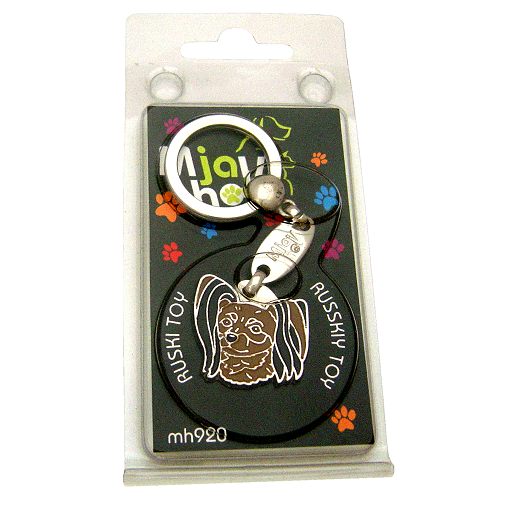 Custom personalized dog name tag RUSSIAN TOY BLACK EARS
Color: colored/silver 
Dim:  28 x 26 mm
Engraving area: 
20 x 12 mm
Metal, chrome plated pet tag.
 
Personalized laser engraving on the back side included.

Hand made 
MADE IN SLOVENIA

In stock.
