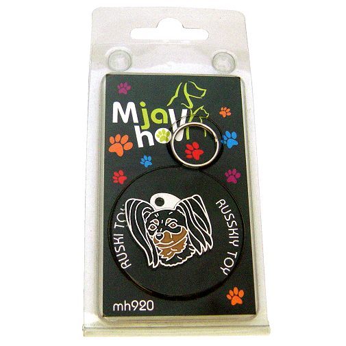 Custom personalized dog name tag RUSSIAN TOY
Color: colored/silver 
Dim:  28 x 26 mm
Engraving area: 
20 x 12 mm
Metal, chrome plated pet tag.
 
Personalized laser engraving on the back side included.

Hand made 
MADE IN SLOVENIA

In stock.
